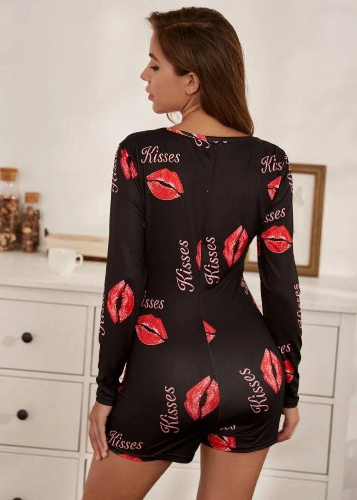 LIP & LETTER GRAPHIC BUTTON FRONT PAJAMA ONESIE