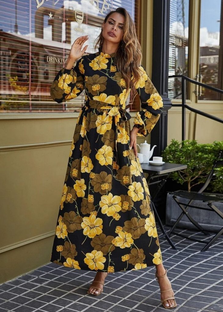 FLORAL PRINT BELTED MAXI DRESS