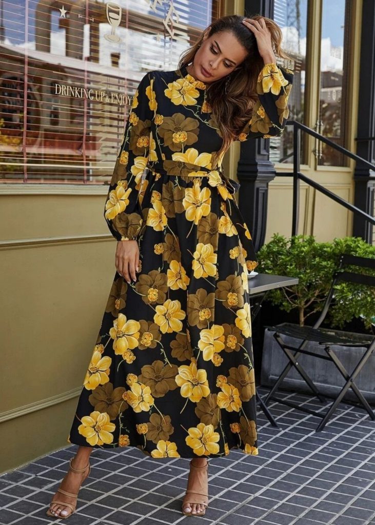 FLORAL PRINT BELTED MAXI DRESS