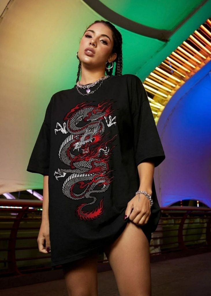 DROP SHOULDER CHINESE DRAGON PRINT TEE