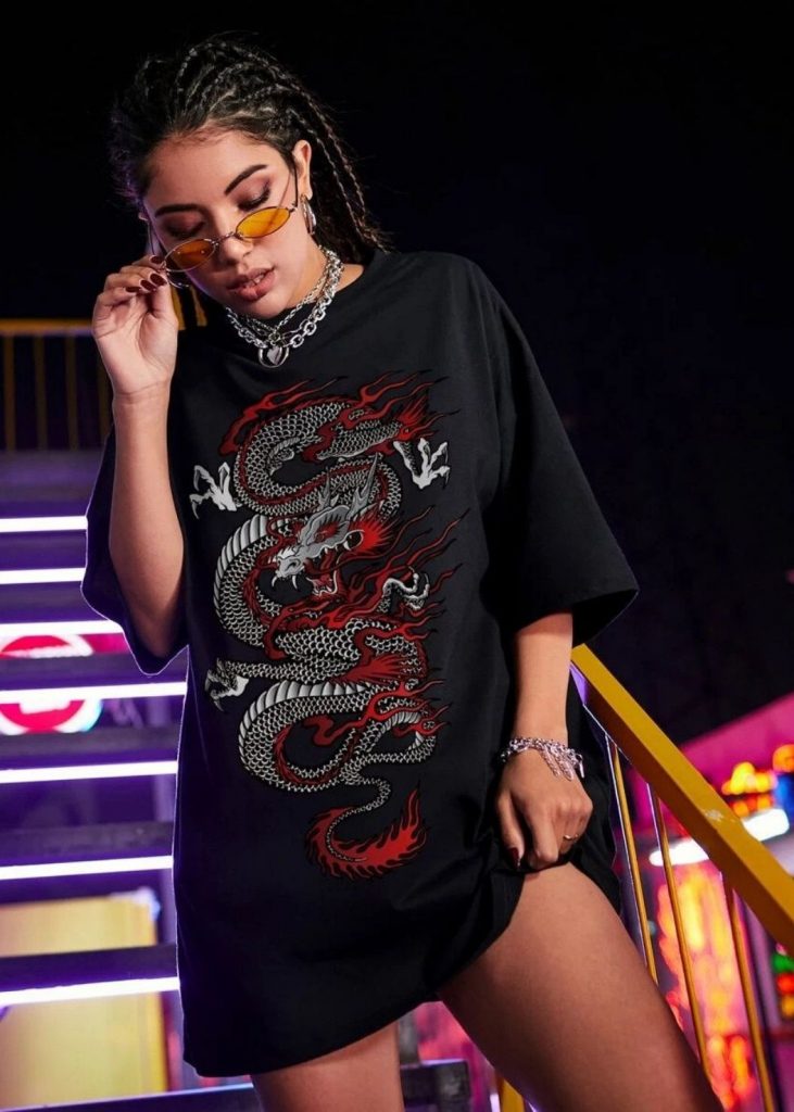 DROP SHOULDER CHINESE DRAGON PRINT TEE