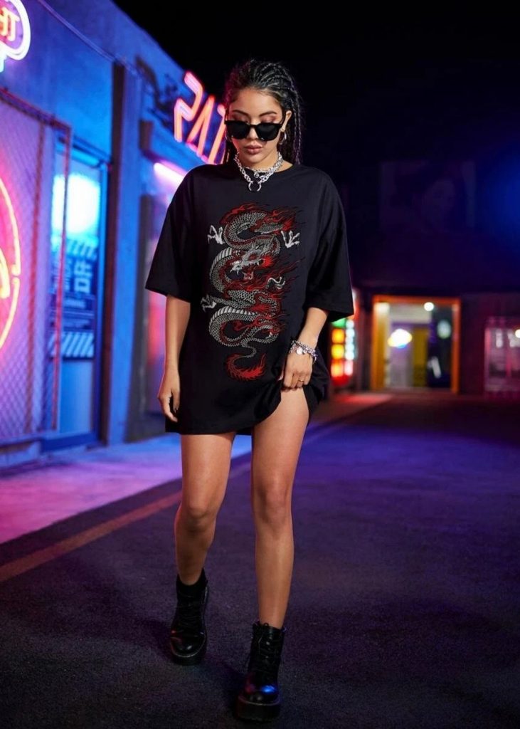 DROP SHOULDER CHINESE DRAGON PRINT TEE