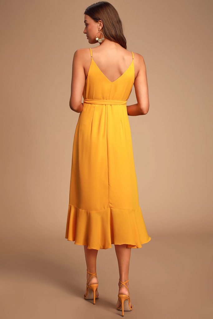 MANHATTAN MOMENT BRIGHT ORANGE RUFFLED MIDI WRAP DRESS