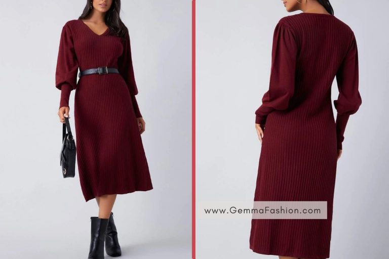 LANTERN SLEEVE RIB-KNIT SWEATER DRESS WITHOUT BELT