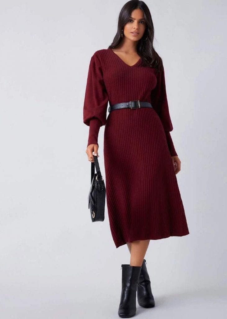 LANTERN SLEEVE RIB-KNIT SWEATER DRESS WITHOUT BELT