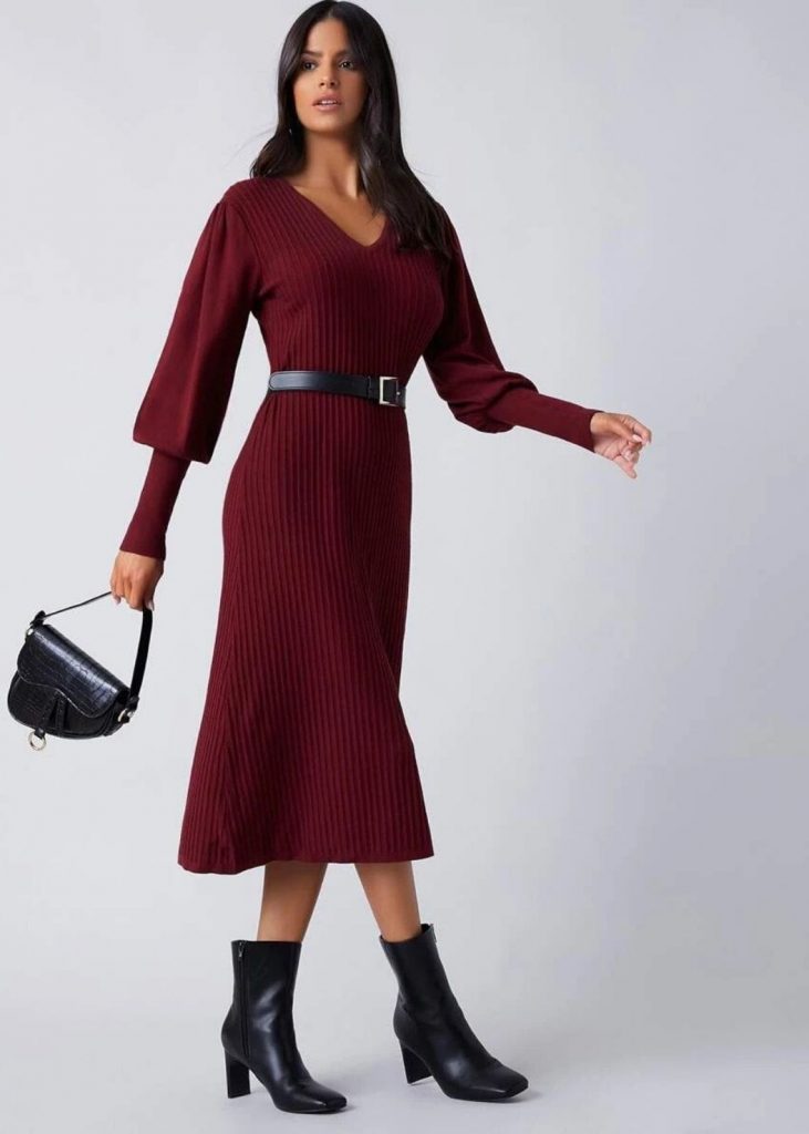 LANTERN SLEEVE RIB-KNIT SWEATER DRESS WITHOUT BELT