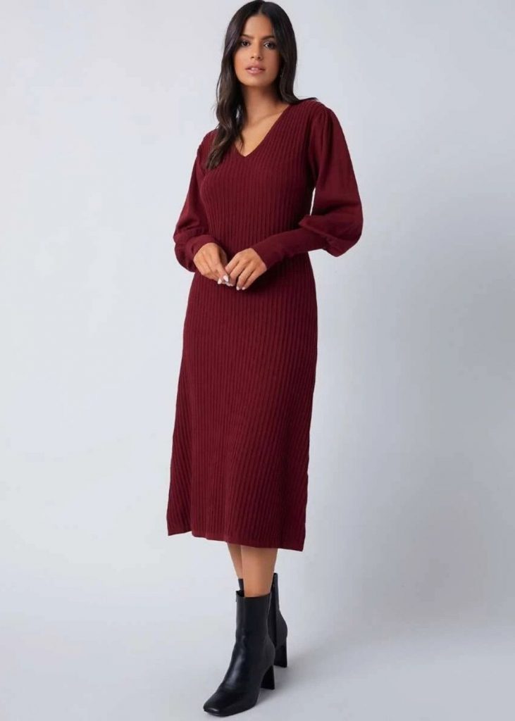 LANTERN SLEEVE RIB-KNIT SWEATER DRESS WITHOUT BELT