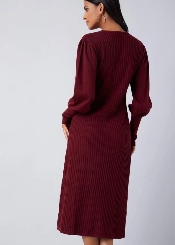 LANTERN SLEEVE RIB-KNIT SWEATER DRESS WITHOUT BELT