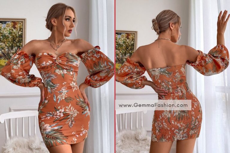 FLORAL PRINT SHIRRED BACK OFF SHOULDER DRESS