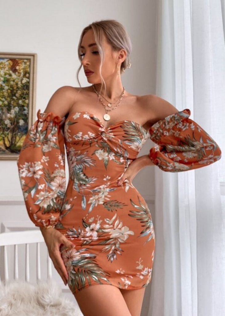 FLORAL PRINT SHIRRED BACK OFF SHOULDER DRESS