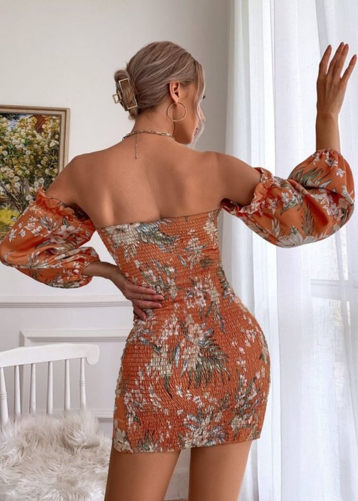 FLORAL PRINT SHIRRED BACK OFF SHOULDER DRESS