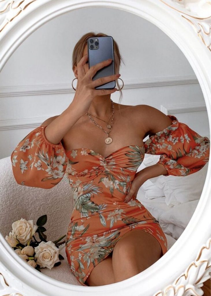 FLORAL PRINT SHIRRED BACK OFF SHOULDER DRESS