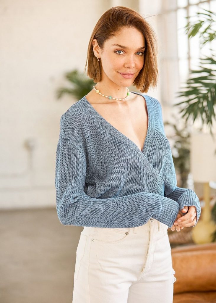 THINK TWICE SLATE BLUE SURPLICE REVERSIBLE SWEATER